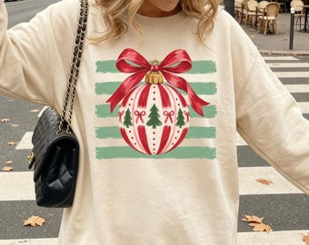 Coquette Christmas Sweatshirt, Bow Ornament Crewneck, Preppy Holiday Sweater, Girly Christmas Shirt, Cute Christmas Gift for Her