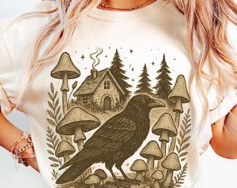 Vintage Raven Mushroom Comfort Colors® Shirt, Cottagecore Bird Lover Gift, Comfort Colors®, Raven Lover Gift, Gift for Birder, Birding Tee