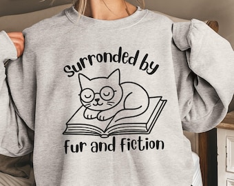 Cats and Books Sweatshirt, Gift for Cat Lover, Book Club Reader Sweater, Librarian Pullover,  Book Lover Clothing, Gifts for Readers