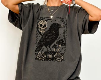 Gothic Raven Skull Shirt, Comfort Colors Occult Crow Tee, Witchy Gothic Shirt, Dark Academia T-Shirt, Raven Lover Gift, Halloween Goth Shirt