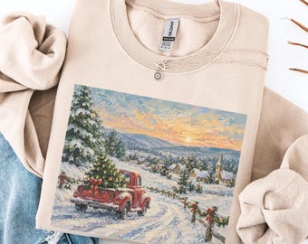 Christmas Tree Truck Sweatshirt, Winter Landscape Crewneck, Snowy Village Christmas Shirt, Rustic Holiday Sweater, Country Christmas Gift