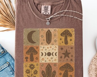 Cottagecore Mushroom Moon & Crystal T-Shirt - Goblincore Celestial Fungi Tee Gift
