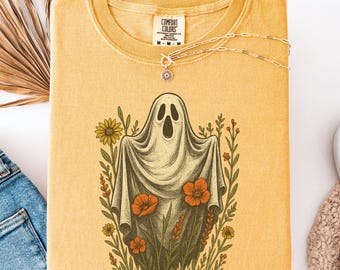 Ghost Wildflowers Comfort Colors® Shirt, Halloween Floral Bow Tee, Retro Halloween, Vintage Halloween Shirt, Retro Ghost Tee, Fall Spooky