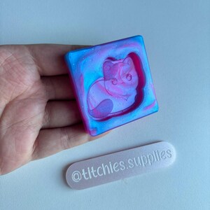 May include: A square resin mold with a cat design, featuring shades of pink, blue, and purple. The mold has a glittery finish. A small, light pink label with the text "@tittchies.supplies" is also visible.