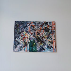 May include: Abstract painting with black, white, orange, green, and blue paint splatters and brushstrokes. The painting has a chaotic and energetic feel.