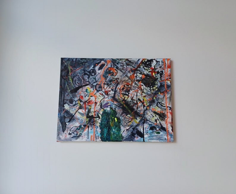 May include: Abstract painting with black, white, orange, green, and blue paint splatters and brushstrokes. The painting has a chaotic and energetic feel.