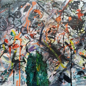May include: Abstract painting with a mix of black, white, orange, green, and purple paint. The painting has a chaotic and energetic feel.