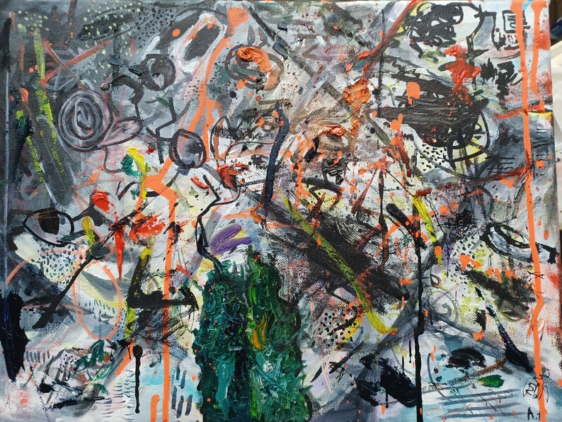 May include: Abstract painting with a mix of black, white, orange, green, and purple paint. The painting has a chaotic and energetic feel.