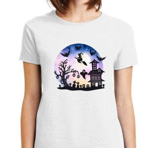 Spooky Season Halloween T-shirt: Halloween Silhouette-Blue-Pink Witch N Moon-20