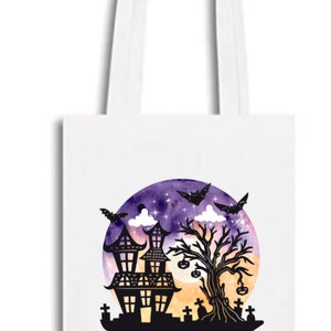 Purple Haunted House Tote Bag, Bag for Trick or Treating, Trick or Treating Gift Bag, Personalized Halloween Tote Bag, Halloween Canvas Tote