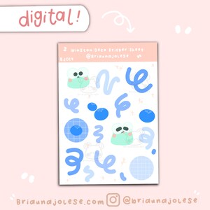Puede incluir: Una hoja de pegatinas digitales con un esquema de color azul y verde. La hoja presenta una rana de dibujos animados, arándanos y formas abstractas. El texto "Winston Deco Sticker Sheet" y "@BriaunajoLese" está incluido en la hoja.