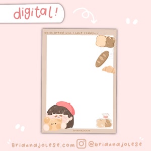 May include: Digital notepad with a beige border and a light pink background. The notepad features illustrations of bread, a girl in a red beret, and the text "Which bread will I have today...". The word "digital!" is in a pink banner at the top.
