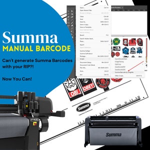 May include: A close-up of a Summa manual barcode generator. The image shows a computer screen with a drop-down menu that includes the option "Summa Barcode by Origine". The image also shows a Summa cutting plotter with a roll of vinyl.