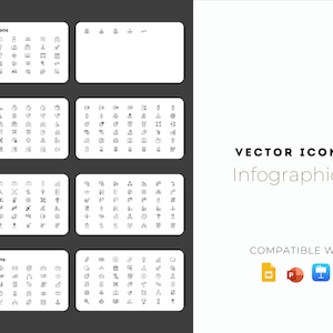 Puede incluir: Un conjunto de 100 iconos vectoriales en blanco y negro para marketing, negocios e infografías. Los iconos son compatibles con Google Slides, PowerPoint, Keynote y Adobe Illustrator.