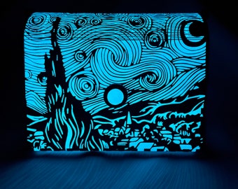 Wood Handbag - Engraved Starry Night - Blue Glow in the Dark - Precision cut details