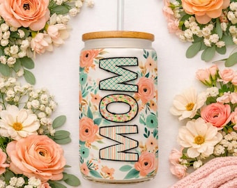 MOM Glass with Bamboo Lid & Straw – Floral Gift for Mom, Mother's Day, Birthday