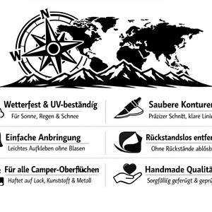 Puede incluir: Un gr&aacute;fico en blanco y negro que muestra una rosa de los vientos y un mapa mundial sobre una cordillera. Debajo hay seis iconos con texto en alem&aacute;n: Wetterfest & UV-best&auml;ndig, Saubere Konturen, Einfache Anbringung, R&uuml;ckstandslos entfernbar, F&uuml;r alle Camper-Oberfl&auml;chen y Handmade Qualit&auml;t.
