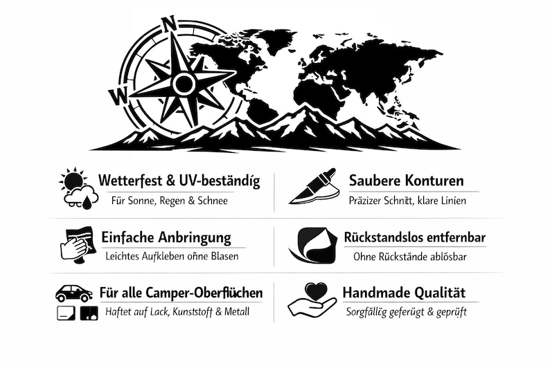 Puede incluir: Un gr&aacute;fico en blanco y negro que muestra una rosa de los vientos y un mapa mundial sobre una cordillera. Debajo hay seis iconos con texto en alem&aacute;n: Wetterfest & UV-best&auml;ndig, Saubere Konturen, Einfache Anbringung, R&uuml;ckstandslos entfernbar, F&uuml;r alle Camper-Oberfl&auml;chen y Handmade Qualit&auml;t.