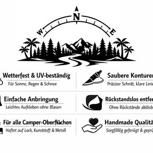 May include: A black and white graphic decal featuring a compass, mountains, trees, and palm trees. The text includes: Wetterfest & UV-best&auml;ndig, Saubere Konturen, Einfache Anbringung, R&uuml;ckstandslos entfernbar, F&uuml;r alle Camper-Oberfl&auml;chen, and Handmade Qualit&auml;t.