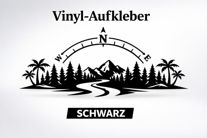 May include: A black vinyl decal featuring a compass arc above a landscape of pine trees, mountains, and palm trees with a winding river in the foreground. The text Vinyl-Aufkleber appears at the top and the word SCHWARZ is in a black box below.