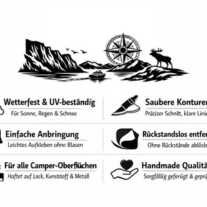 Puede incluir: Una calcoman&iacute;a gr&aacute;fica en blanco y negro con un paisaje de monta&ntilde;a, una rosa de los vientos, un barco y un ciervo. La imagen incluye seis iconos con texto en alem&aacute;n que describen caracter&iacute;sticas del producto como resistencia a la intemperie, contornos limpios, f&aacute;cil aplicaci&oacute;n, eliminaci&oacute;n sin residuos, compatibilidad de superficies y calidad artesanal.