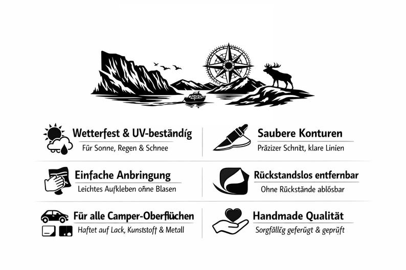 Puede incluir: Una calcoman&iacute;a gr&aacute;fica en blanco y negro con un paisaje de monta&ntilde;a, una rosa de los vientos, un barco y un ciervo. La imagen incluye seis iconos con texto en alem&aacute;n que describen caracter&iacute;sticas del producto como resistencia a la intemperie, contornos limpios, f&aacute;cil aplicaci&oacute;n, eliminaci&oacute;n sin residuos, compatibilidad de superficies y calidad artesanal.