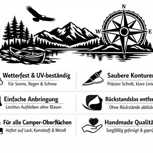 May include: A black and white graphic decal featuring a mountain range, a forest, a boat on water, a flying eagle, and a compass rose. Below the graphic are six icons with German text describing features like weather resistance and easy application.