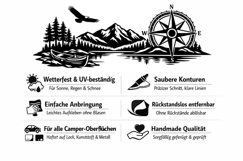 May include: A black and white graphic decal featuring a mountain range, a forest, a boat on water, a flying eagle, and a compass rose. Below the graphic are six icons with German text describing features like weather resistance and easy application.