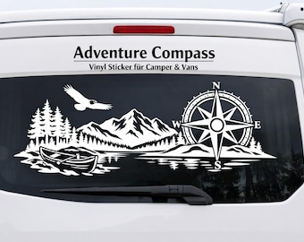 Mountains and lake camper sticker with eagle and compass – Oracal 951 Premium Vinyl – Motorhome car sticker Outdoor Vanlife