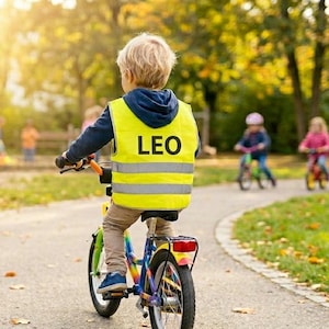 May include: A child wearing a yellow safety vest with the name "LEO" printed on it rides a colorful bicycle on a paved path. The vest has reflective stripes. Other children are riding bikes in the background.