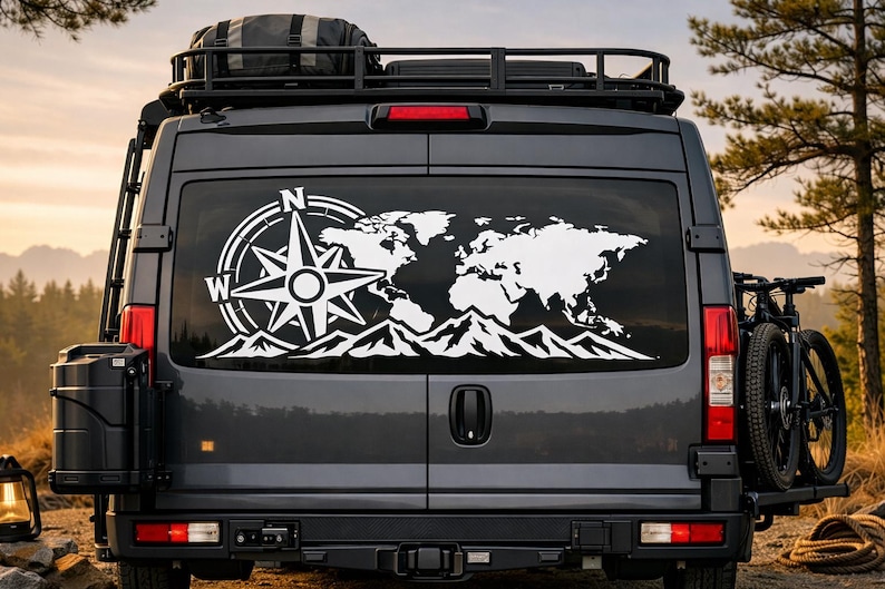 Puede incluir: Una furgoneta camper de color gris oscuro con un gran vinilo blanco en la luna trasera. El dise&ntilde;o muestra un mapa del mundo detallado, una rosa de los vientos con las letras N y W, y una silueta de monta&ntilde;as en la parte inferior del cristal.
