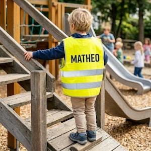 May include: A young child wearing a bright yellow safety vest with the name "MATHEO" printed in black. The vest has two reflective silver stripes. The child is on a wooden playground structure.