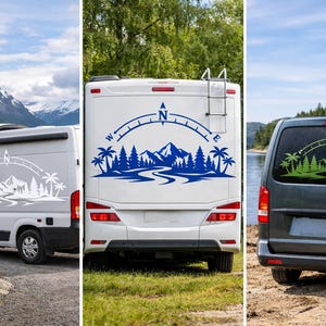 May include: Three vehicle decals featuring a landscape design with a compass arc, palm trees, pine trees, mountains, and a winding river. The decals are displayed in white on a silver van, blue on a white motorhome, and green on a dark grey van.