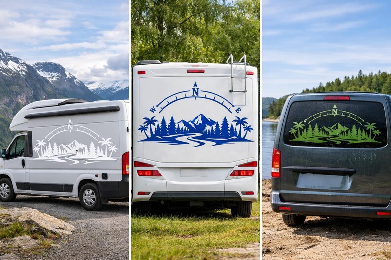 May include: Three vehicle decals featuring a landscape design with a compass arc, palm trees, pine trees, mountains, and a winding river. The decals are displayed in white on a silver van, blue on a white motorhome, and green on a dark grey van.