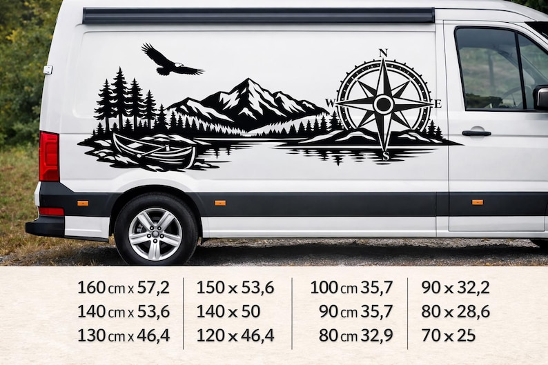May include: A black vinyl decal on a white van featuring a mountain range, pine trees, a flying eagle, a canoe on water, and a compass rose. Below the van, a chart lists dimensions in centimeters ranging from 160x57.2 to 70x25 inches.