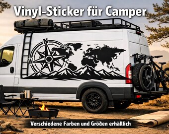 World map camper sticker with compass & mountains – Oracal 951 Premium Vinyl – Motorhome car sticker travel adventure vanlife