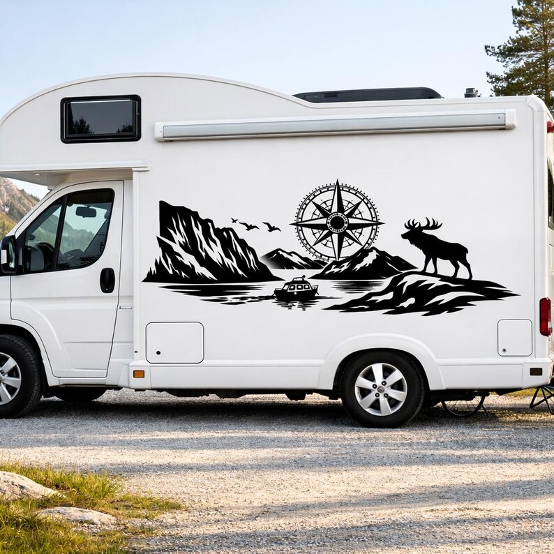 Puede incluir: Una autocaravana blanca con un gran adhesivo de vinilo negro en el lateral. El gr&aacute;fico muestra un paisaje monta&ntilde;oso, un peque&ntilde;o barco en el agua, una rosa de los vientos, un alce de pie y p&aacute;jaros volando en el cielo sobre picos monta&ntilde;osos.