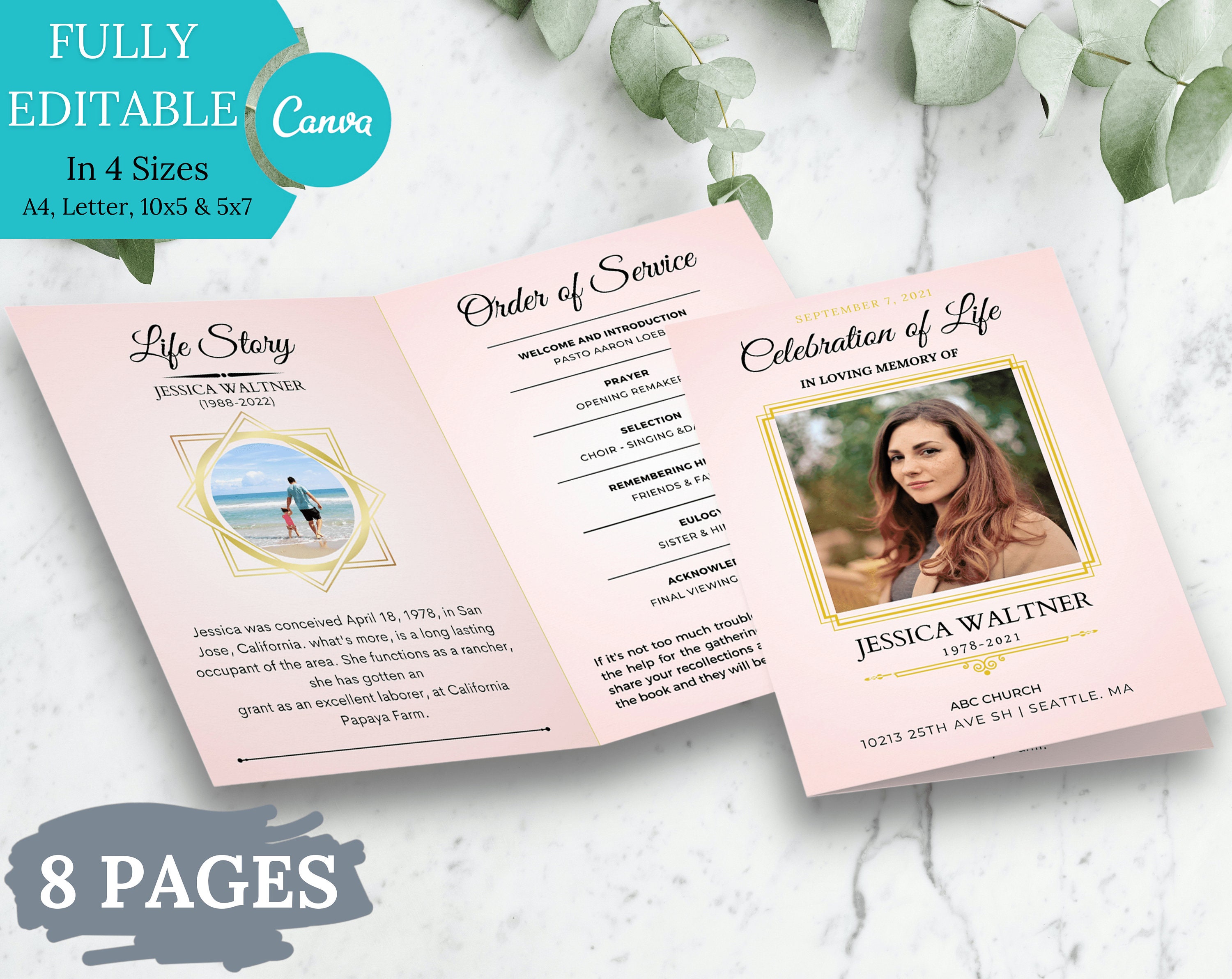 Editable Funeral Program Template, Memorial Service Template, Obituary ...