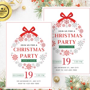 Puede incluir: Dos invitaciones a una fiesta de Navidad con un diseño de adorno de copo de nieve rojo y blanco. Las invitaciones son para el 19 de diciembre a la 1:00 PM. El texto en las invitaciones dice "Join us for a Christmas Party" e incluye la dirección y la información de RSVP.