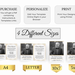 May include: Four different sizes of printable funeral templates are shown. The templates feature a black and white photo of a man with a gold border. The text on the templates reads "We Celebrate the Life of Ezekiel Hagley". The templates are labeled A4, Letter, 10x7, and 5x7.