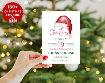 May include: A green and white Christmas party invitation with a red Santa hat illustration. The invitation includes the text "Christmas Party", "December 19", "1:00 PM", "Please join us for Christmas Party at JHONS'S HOUSE", "At 123 anywhere st... any city, st 12345", and "RSVP to 123-456-7890".