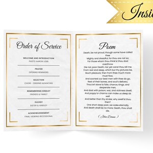 May include: A gold-framed order of service for a funeral with a poem by John Donne. The poem is titled "Death, be not proud." The order of service includes the welcome and introduction, prayer, selection, remembering Hindley, eulogy, acknowledgement, and final viewing recessional.