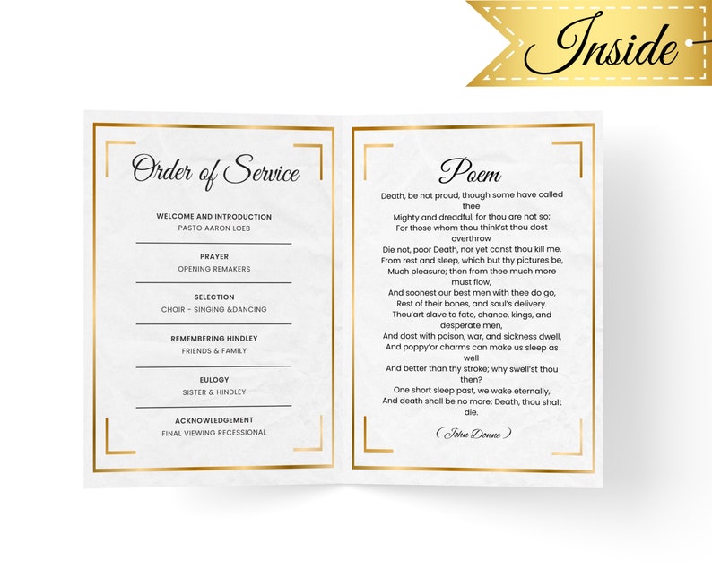 May include: A gold-framed order of service for a funeral with a poem by John Donne. The poem is titled "Death, be not proud." The order of service includes the welcome and introduction, prayer, selection, remembering Hindley, eulogy, acknowledgement, and final viewing recessional.