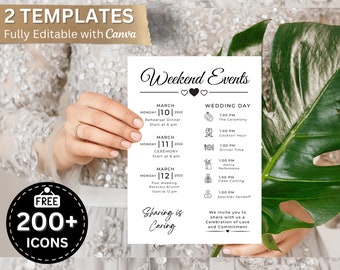 Minimalist Wedding Events Card Template, Modern Wedding Welcome Bag Note, Wedding Events Timeline Printable, Wedding Editable Schedule