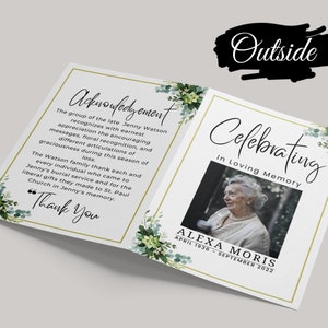 Puede incluir: Una tarjeta blanca doblada con un dise&ntilde;o floral verde y un borde dorado. La parte delantera de la tarjeta dice "Celebrating in Loving Memory" con una foto de una mujer. La parte posterior de la tarjeta dice "Acknowledgement" e incluye un mensaje de agradecimiento. La tarjeta es para Alexa Morris, abril de 1936 - septiembre de 2022.