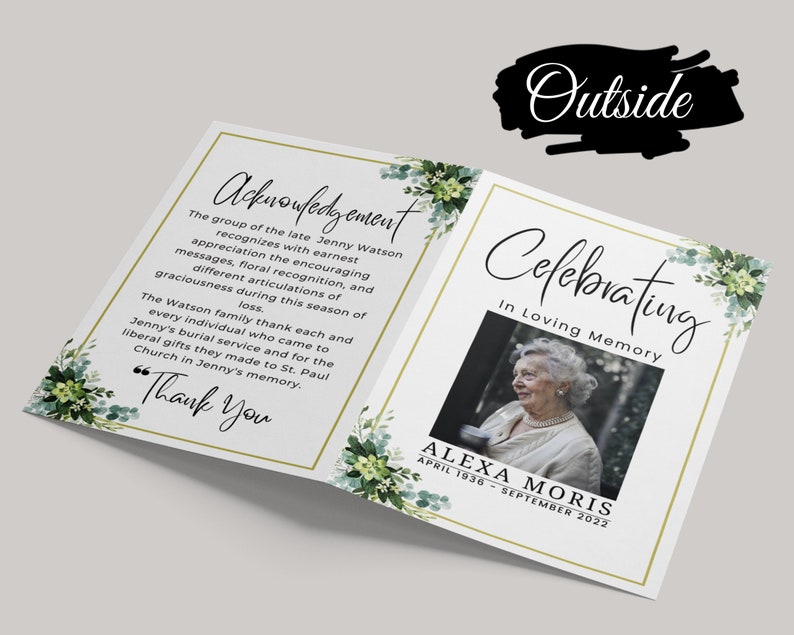 Puede incluir: Una tarjeta blanca doblada con un dise&ntilde;o floral verde y un borde dorado. La parte delantera de la tarjeta dice "Celebrating in Loving Memory" con una foto de una mujer. La parte posterior de la tarjeta dice "Acknowledgement" e incluye un mensaje de agradecimiento. La tarjeta es para Alexa Morris, abril de 1936 - septiembre de 2022.