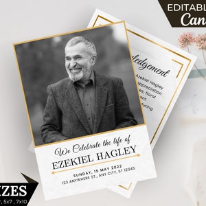 May include: A black and white photo of a man in a suit, with a gold frame. The text "We Celebrate the life of Ezekiel Hagley" is below the photo, with the date "Sunday, 15 May 2022" and address "123 Anywhere St., Any City, ST 12345" below that. The text "Acknowledgement" is in a gold frame on the right side of the image.