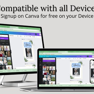 Puede incluir: Una captura de pantalla que muestra una computadora, una computadora port&aacute;til y un tel&eacute;fono que muestran todos el sitio web de Canva. El sitio web est&aacute; abierto a una plantilla de dise&ntilde;o para una tarjeta conmemorativa con una foto de una mujer y el texto "Celebrating in loving memory of ALEXA MORIS".