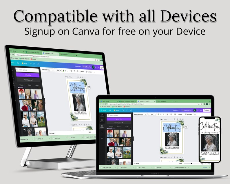 Puede incluir: Una captura de pantalla que muestra una computadora, una computadora port&aacute;til y un tel&eacute;fono que muestran todos el sitio web de Canva. El sitio web est&aacute; abierto a una plantilla de dise&ntilde;o para una tarjeta conmemorativa con una foto de una mujer y el texto "Celebrating in loving memory of ALEXA MORIS".