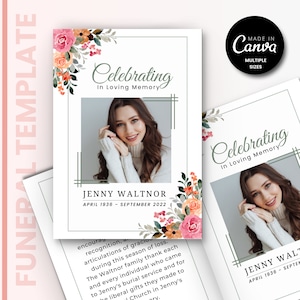 May include: A floral funeral announcement template with a photo of a woman. The text reads "Celebrating in Loving Memory" and "Jenny Waltnor, April 1936 - September 2022".